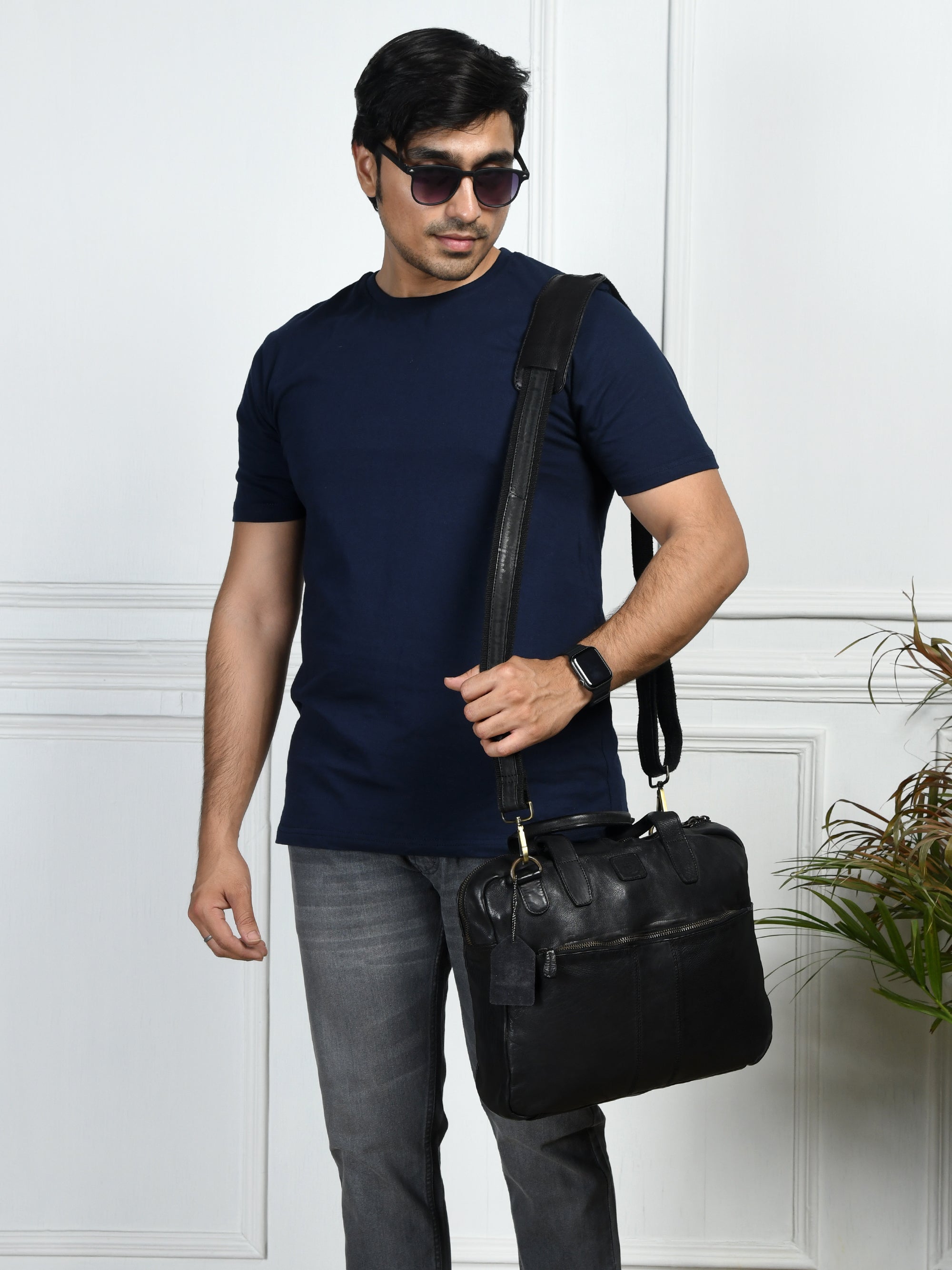 Voyager Premium Leather Laptop Bag - Black Colour